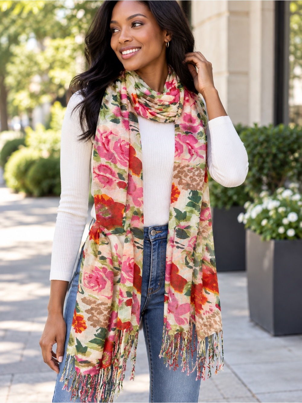 Monte Rosso Floral Fringe Oblong Scarf - Pink, Red, Green, Cream